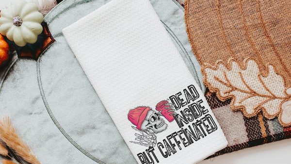 dead inside but caffeinated funny kitchen towels women gifts, coffee bar decor, sarcastic gifts for coworkers, coffee addict hand towels for