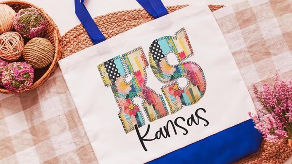 faux patchwork Kansas City tote bag for women, Kansas Christmas gifts for realtors, moving to Kansas gifts, farmers market bag, college