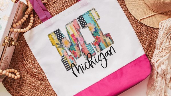 faux patchwork Michigan tote bag for library books, Michigan Christmas gifts for realtors, boho Michigan girls trip tote bags for women