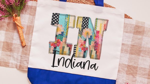 faux patchwork cute Indiana tote bag for school, Indiana Christmas gifts for realtors, Indiana gifts, Indiana made farmers market bag for