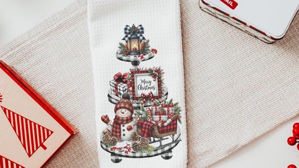 snowman Christmas kitchen towel for women, buffalo plaid Christmas kitchen decor, rustic Christmas gift for her, buffalo check Christmas