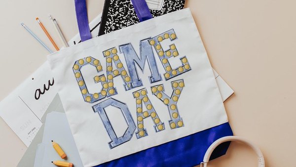 game day tote bag for women, royal blue school spirit accessories, football mom Christmas gifts for college girls, tailgate must haves, back