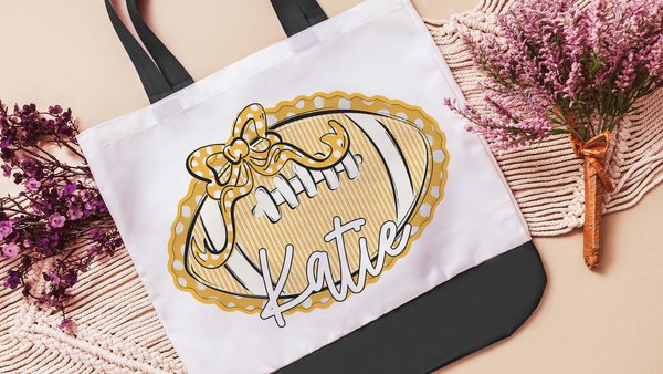 personalized yellow seersucker football tote for games, yellow school spirit bag with name, cute cheer squad gifts, cheer tote bag for girls