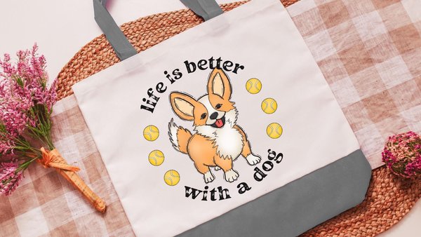 life is better with a dog corgi tote bag for women, Pembroke Welsh corgi gifts for corgi lovers, cute corgi mom tote bag for books, cardigan