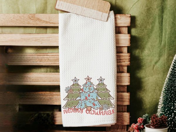 merry Christmas kitchen towels for winter, moss green Christmas tree hand towels for powder room, boho Christmas housewarming gift for women