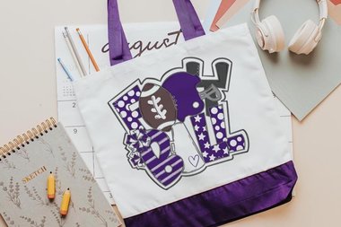 high school football cheer tote bag for school, tailgate essentials, purple school spirit tote bags for back to school, cheer squad gifts