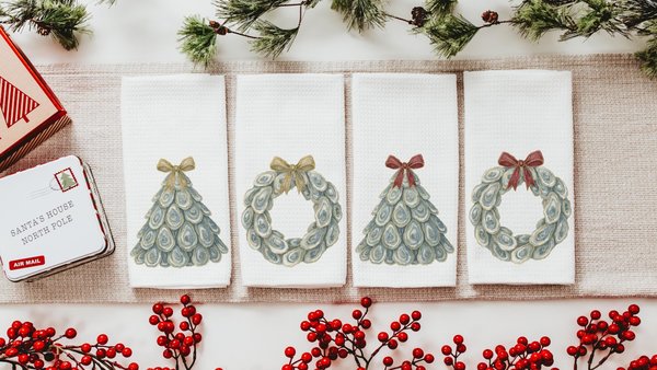 oyster shell Christmas tree kitchen towels for winter, oyster Christmas home decor gifts for Mom, oyster shell Christmas wreath hand towels