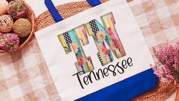 faux patchwork Tennessee tote bag for laptop, TN Christmas gifts for realtors, farmers market bag for women, moving to Tennessee gifts, best