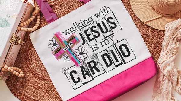 walking with Jesus Christian tote bags for women, religious Christmas gifts for godmother, walking with the Lord is my cardio faith based