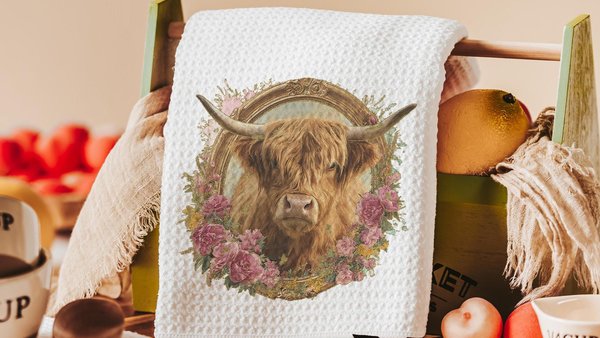 shaggy cow kitchen towels for Christmas gifts for neighbors, highland cow kitchen decor, floral cow gifts for cow lovers, secret Santa gifts
