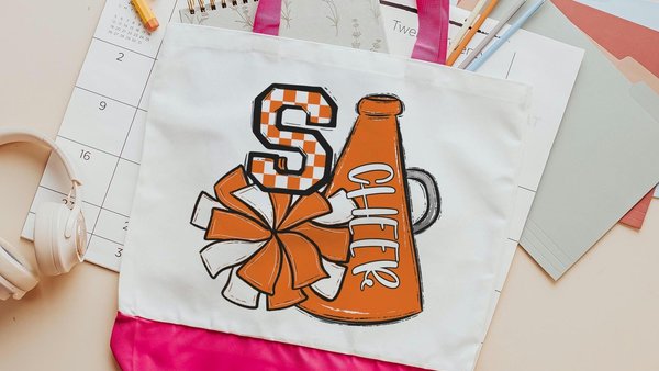 personalized orange checkered initial tote bag for college students, cheerleader tote bag for girls, cheer gifts for team, back to school