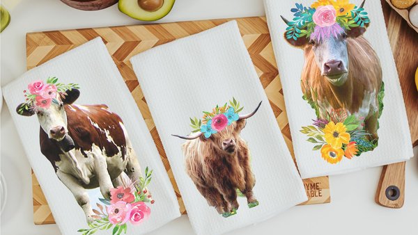 boho cow kitchen towels for mom, floral cow hand towels for bathroom, highland cow kitchen decor, cute cow gifts for cow lovers, first home
