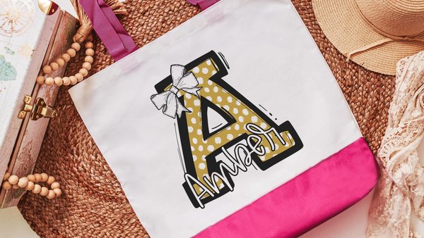 personalized gold coquette initial tote bag with name, school spirit gear, cheer tote bag for girls, college student gift, cheerleader gifts