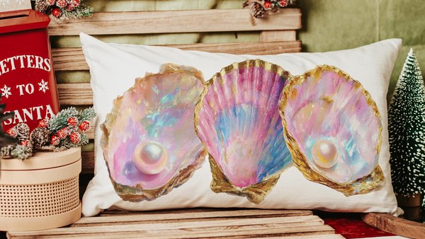 beach lumbar pillows for bedroom, opalite pearl oyster throw pillow for couch, beach Christmas gifts for beach lovers, coastal decorative