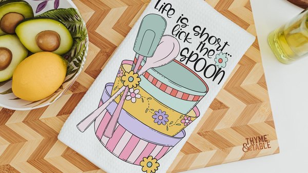 life is short lick the spoon kitchen towel for baker, cute hand towels for every season, cookie baking crew Christmas gifts for new home