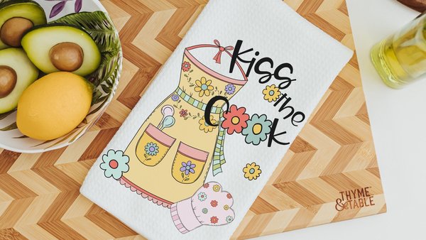 kiss the cook kitchen towel for baker, whimsical hand towels for kitchen, bridal shower kitchen gifts for women, stocking stuffers for adult