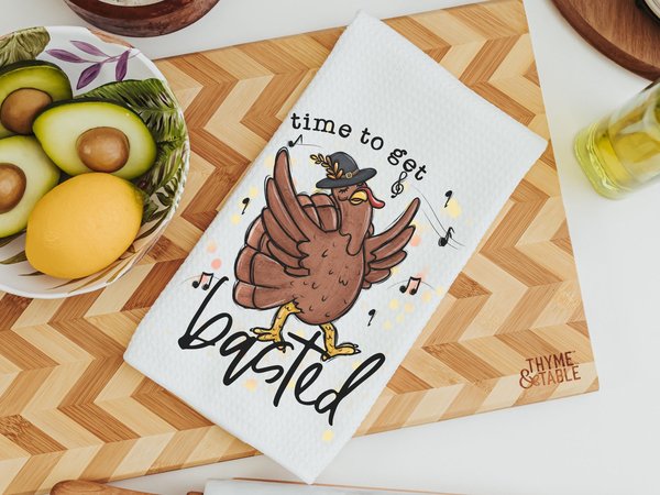 time to get basted funny kitchen towels for fall, pilgrim turkey Thanksgiving hand towels for autumn, turkey day humor Thanksgiving hosting