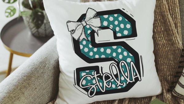personalized initial throw pillows for little girls, best Christmas gifts for young women, white and teal name pillow cases for teens, dorm