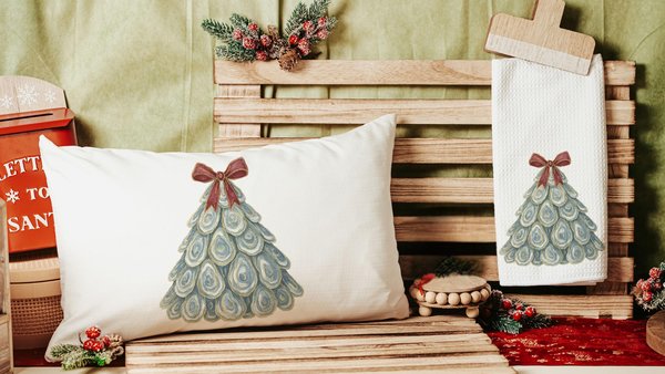 oyster shell Christmas tree throw pillows for couch, coastal Christmas kitchen towels for winter, oyster Christmas gifts for neighbors, best