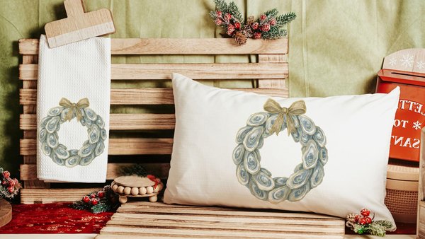 oyster Christmas wreath pillow cover 12x20, oyster shell Christmas decorations, beach Christmas kitchen towel, trending Christmas gifts for