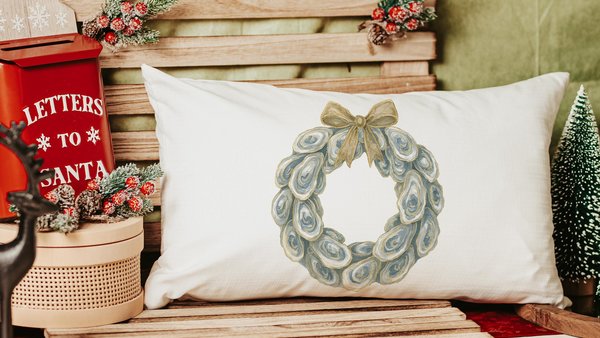 oyster shell Christmas wreath lumbar throw pillows for sunroom, oyster Christmas pillows decorative pillows for couch, trending Christmas