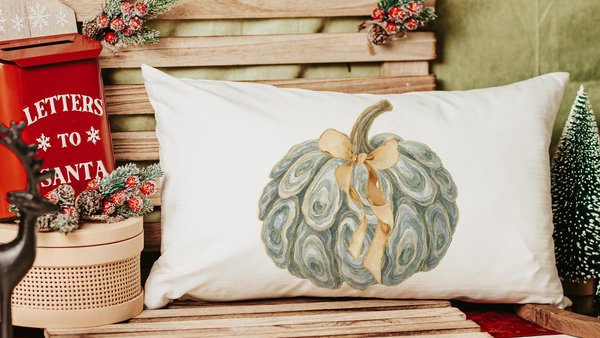 oyster shell pumpkin decorative pillows for breakfast nook, nautical pumpkins autumn kitchen towels, Thanksgiving hosting gift, fall coastal
