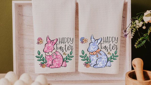 blue chinoiserie Easter bunny kitchen towel for Mom, pink toile de jouy Happy Easter hand towels for bathroom, grand millennial Easter tea