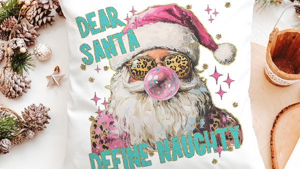 dear Santa define good define naughty pink Christmas throw pillows for couch, leopard print pillow Christmas gifts for new home, Santa Claus