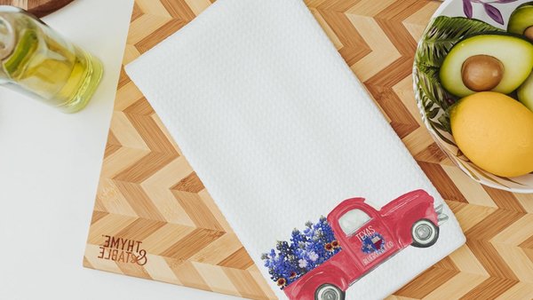 red truck farmhouse kitchen towel for Mom, Texas state flower bluebonnet gifts for women, moving to Texas gifts for her, wildflower hand