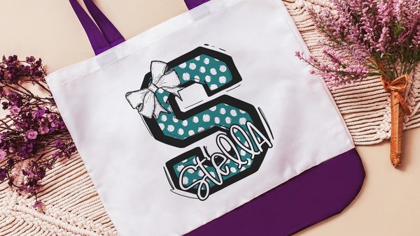 personalized initial tote bags for girls, secret Santa gifts for her, trendy teal name tote book bag for school, Christmas gifts for college