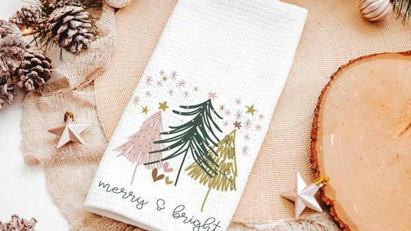 merry and bright kitchen towels for Christmas, blush pink Christmas tree hand towels for church, trending Christmas gifts for neighbors