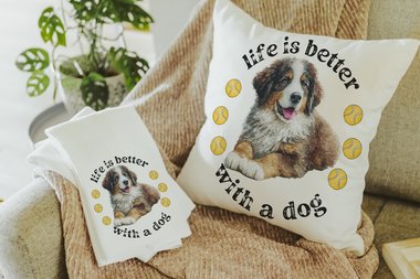 Life is better with dogs throw pillows & towels