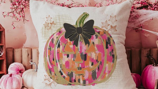 hot pink Halloween pumpkin throw pillows for couch, trendy pumpkin season jack o lantern coquette pillow cover 18 x 18, boo basket stuffers