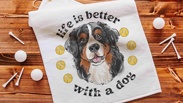 life is better with dogs golf towel Christmas gifts for golfers, golf stocking stuffers, Bernese mountain dog gift for him, golf bag towel