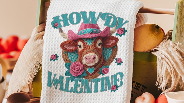 cowgirl Valentines hand towels for besties, cute cow gifts for cow lovers, funny kitchen towels for couples, Howdy Valentines day gifts for