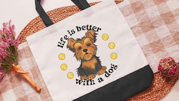 life is better with dogs Yorkshire terrier tote bag for women, cute Mothers day gifts from dog lover tote bag for books, Yorkie gifts, best