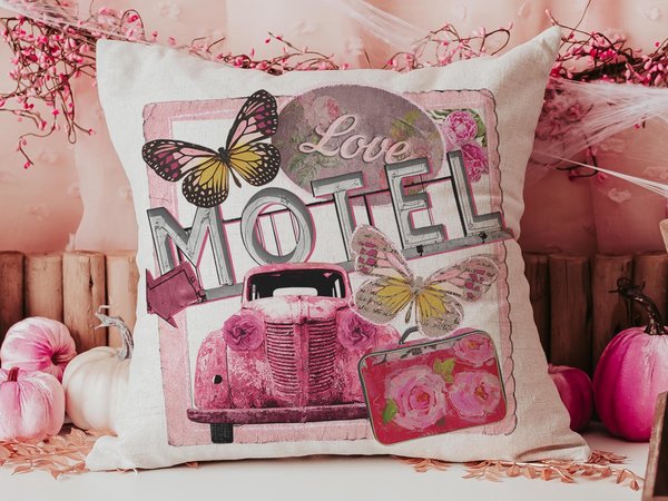 Retro motel love throw pillows