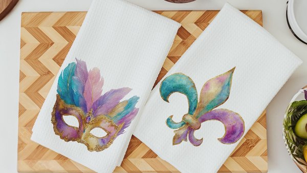 Mardi Gras carnival mask kitchen towels for gifts, watercolor fleur de lis hand towels for every season, Fat Tuesday decor, unique gifts for
