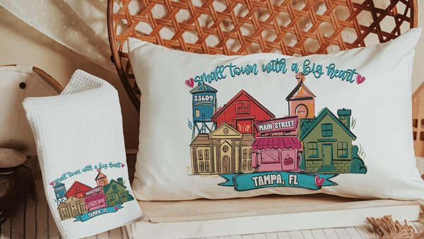 custom main street Valentine throw pillows 12 x 20, personalized small town big heart tea towel for couples, zip code home gift for in laws