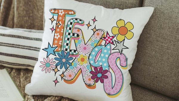 floral Texas throw pillows for couch colorful decorative pillows for sofa, whimsical home decor gift dorm decor, Texas gifts for house, TX