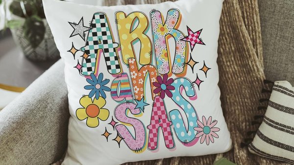 colorful Arkansas throw pillows for couch bright aesthetic home decor, best gifts for her, Arkansas dorm decor for girls, Arkansas gifts for