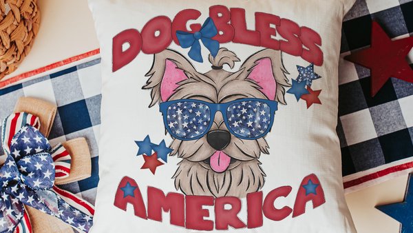 dog bless America Yorkshire terrier 4th of July throw pillows for day bed, red white and blue patriotic dog gift for home, Yorkie pillow for