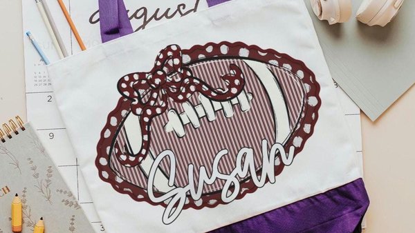 personalized seersucker football tote bag for school, maroon school spirit bag with name, senior gifts for cheerleaders, football cheer mom