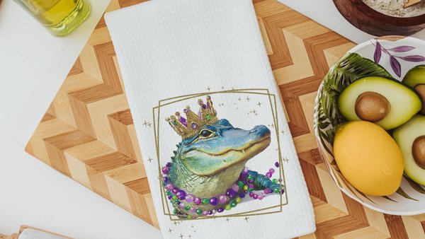 Mardi Gras alligator kitchen towels for daughter, Fat Tuesday decor, unique household gifts for wife, Louisiana gator gifts for women, New