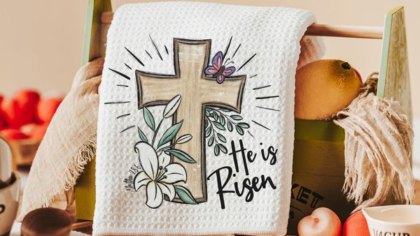 he is risen Easter cross Easter kitchen towels for Mom, Matthew 28:6 Christian Easter decor gift, religious hand towels for church, faith