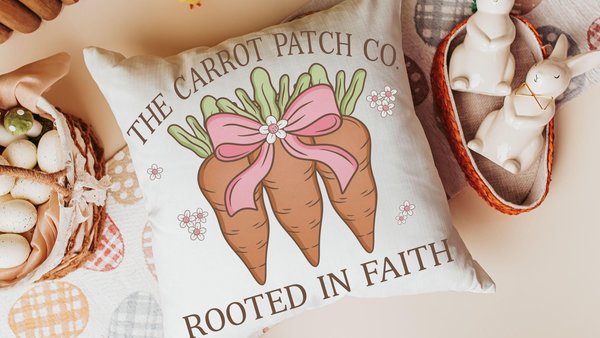 rooted in faith Christian throw pillows for couch, carrot patch gardener gifts for women, cute Spring decorative pillows for sofa, Easter