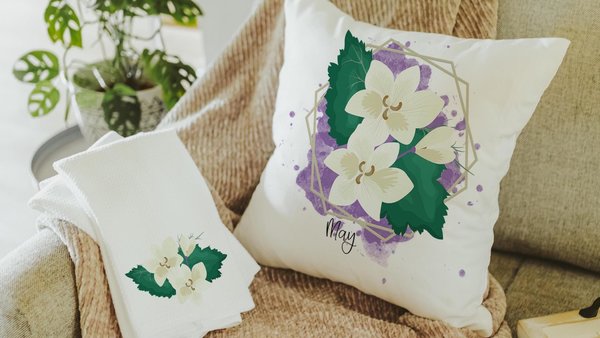 custom May birth flower throw pillow for sofa, Lily of the Valley kitchen towel, May birthday gifts for her, botanical throw pillow covers