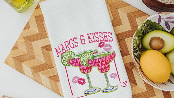 margs and kisses bar towels, Valentines day gift for adult daughter, margarita bar bachelorette favors for bridesmaids, Valentines kitchen