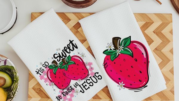tis so sweet to trust in Jesus hand towels for kitchen Christian gifts for best friend, strawberry kitchen decor, faith gifts for her, cute