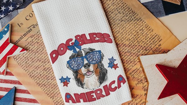 dog bless America 4th of July kitchen towel for bbq, red white and blue patriotic dog hand towel for gifting, Bernese mountain dog gift